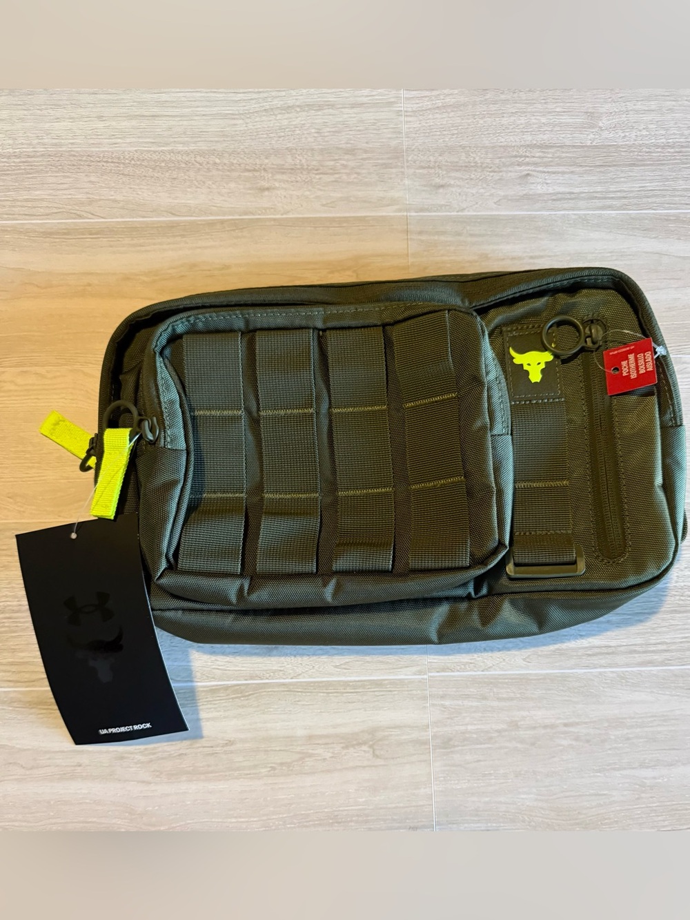 Under Armour Project Rock Olive Green Waist Bag with Yellow Accent